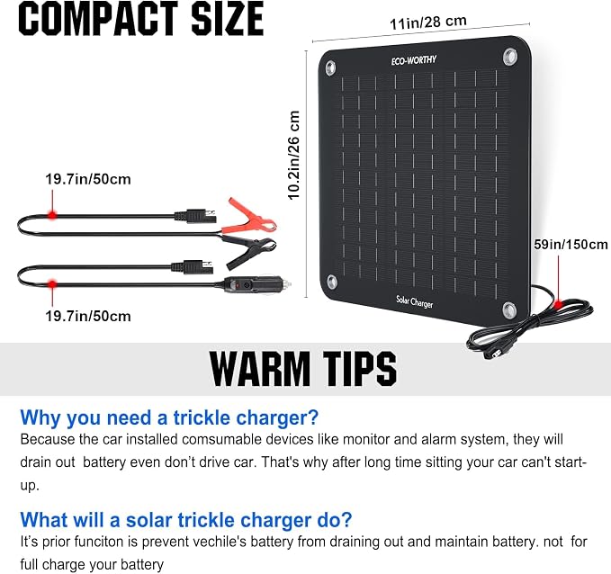 ECO-WORTHY 10W Solar Car Battery Charger Maintainer 12V Waterproof Portable Solar Trickle Charger for Car Truck Boat Lawn Mower RV Trailer Tractor ATV Utility Vehicle Battery