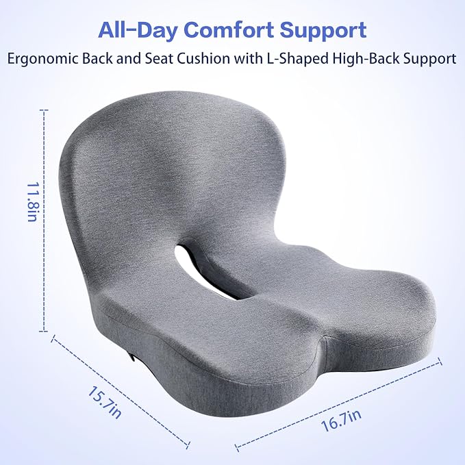 Back and Seat Cushion for Office Chair, Light Grey | Wide ergonomic memory foam, coccyx cutout & adjustable straps, tailbone & back relief, non-slip for car, home & gaming