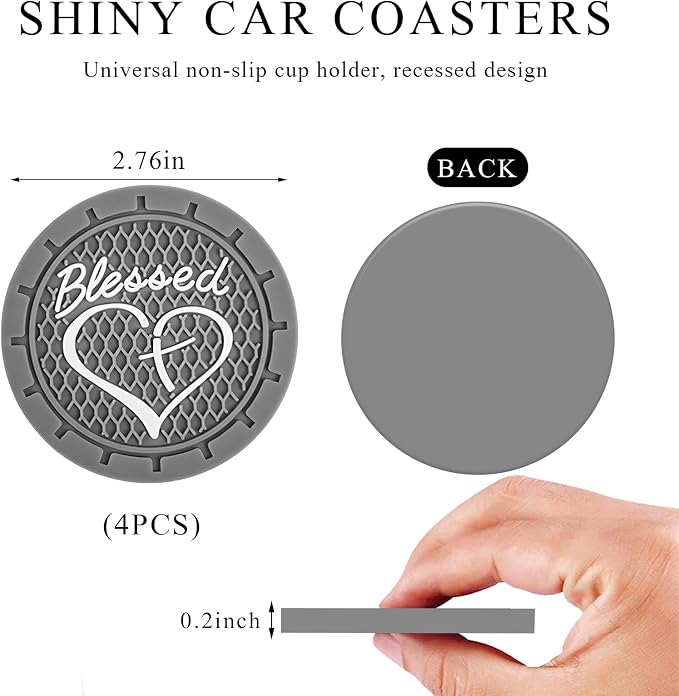 KVAEY 2 PCS Car Cup Holder Coasters, 2.76 Inch Anti Slip Vehicle Drink Mats with Cute Blessed Cross and Heart, Shockproof, Universal Car Accessories (Gray, 4 PCS)