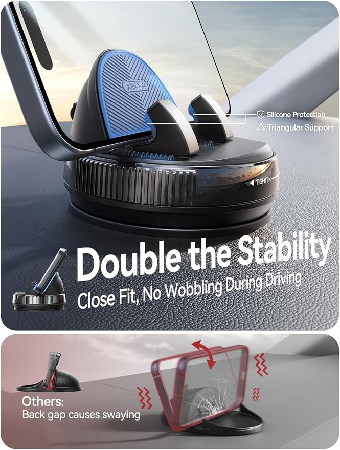 JOYROOM Car Phone Mount, [360° Rotation+Thick Case Friendly] Cell Phone Car Holder with Adjustable Spring Clip, Anti-Slip Silicone Universal Dashboard phone holder for Car for iPhone, Smartphones, GPS