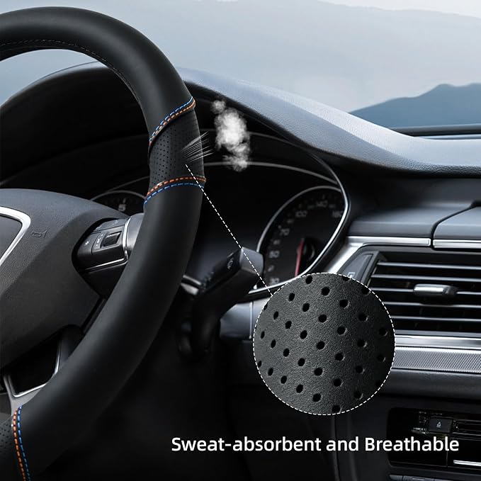 Microfiber Leather Steering Wheel Cover Universal 14.5-15 inch (Black) | Anti-Slip Lining, Breathable and Soft Material, Compatible with Most of Cars and Trucks