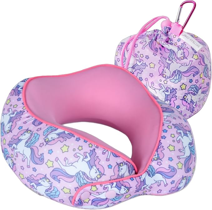 SKYTRAX® Certified Kids Safe Memory Foam Travel Neck Pillows for Kids and Toddlers, Cute Cartoon Design, Car Seat & Airplane Head Neck Support, Adjustable Snap Buttons, Washable Soft Cover (Unicorn)
