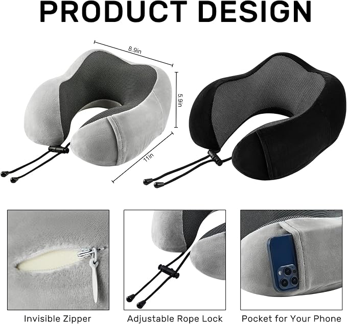 urnexttour Neck Pillow Airplane-2 Pack Memory Foam Travel Pillow, Soft Support Travel Neck Pillow for Travelling, Sleeping Rest, Car, Train and Home Use (Black&Grey)