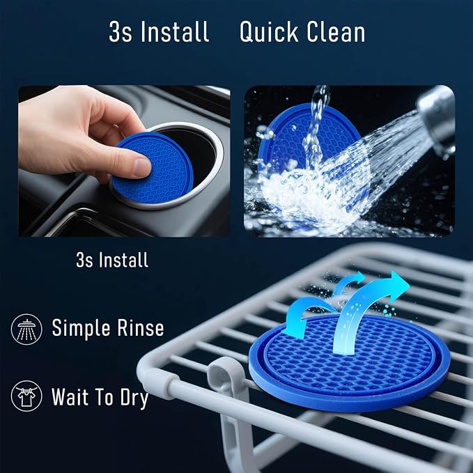 Car Cup Holder Coaster 4 Pack - Non Slip & Shockproof,Flexible PVC Rubber Insert for Car/Truck/SUV/Van (2.75"x0.2") Universal Fit Auto Cup Holders Accessories for Women and Man (Blue)