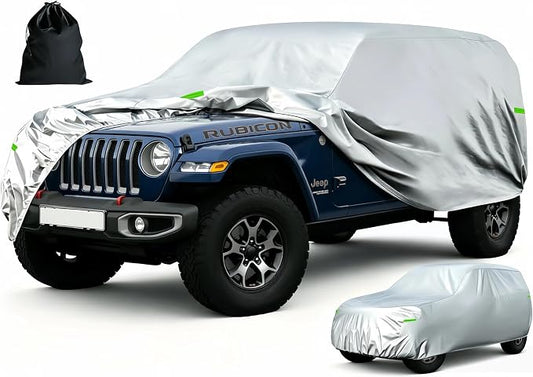 Car Cover Compatible with Jeep Wrangler 4 Door (2006-2026 JK JL) - Outdoor Waterproof Sun Rain Snow Hail UV Protection with Driver Door Zipper