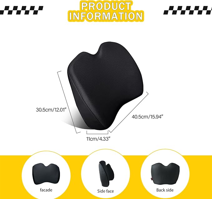 Super Soft Lumbar Support Pillow for Car, 100% Memory Foam Lumbar Pillow | Back Support Pillow with Breathable Removable Cover, Ergonomic Design - Posture Corrector Pillow for Back Pain Relief(Black)