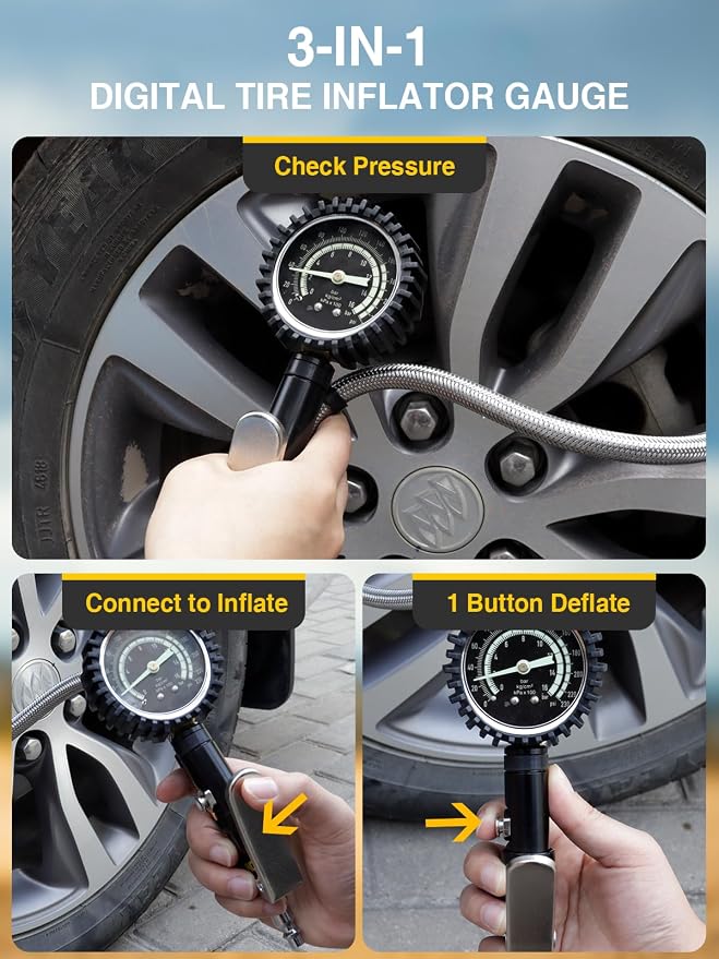 AZUNO Heavy Duty Tire Pressure Gauge, Tire Inflator Gauge 230PSI Air Chuck Air Compressor Attachments, with Steel Braided Hose, Large 2.6" Glow Dial & Quick Connect Coupler, for Truck/Car/SUV/RV/Bike