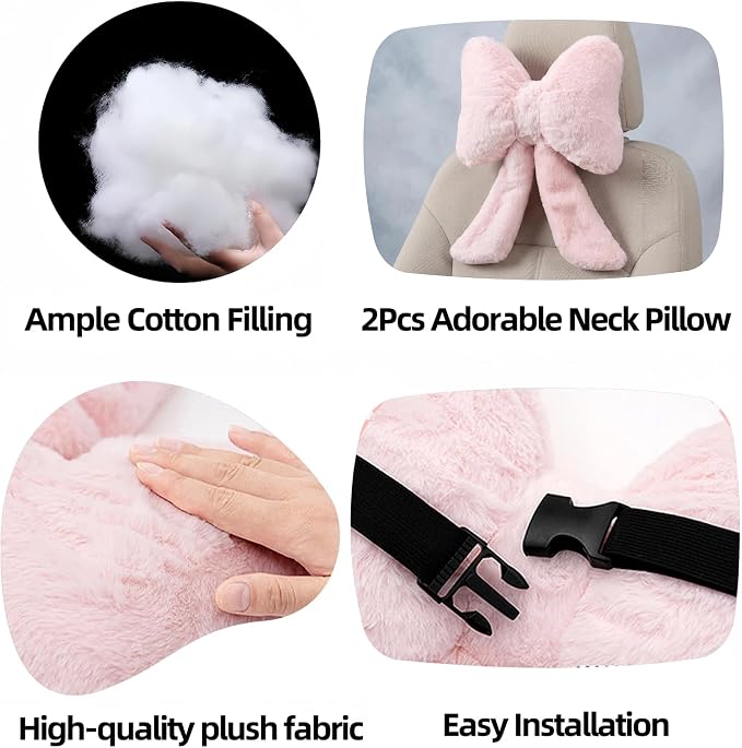 Car Neck Pillow 2PCS Plush Bowknot Car Headrest Pillow – Comfortable Neck Support for Driving Soft Touch Fabric Car Pillow Cute Interior Decor (Pink)