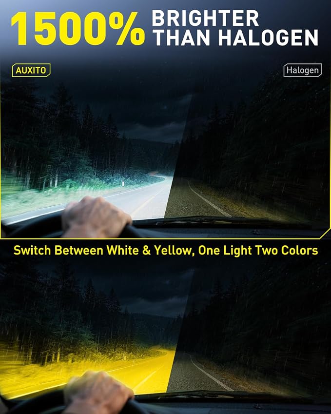 AUXITO 9006 Switchback Fog Light Bulbs, 6500K Cool White&3000K Amber Yellow 80000LM, Direct Replacement HB4 LED Fog Light Bulbs Fanless, Plug and Play, CANbus Ready No Flicker, Pack of 2