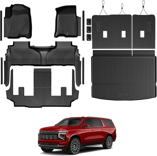 Floor Mats for Chevy Suburban/GMC Yukon XL/Cadillac Escalade ESV 2021-2026, All Weather Cargo Liner with Backrest Cover and Door Sill Guards Accessories, Full Coverage Set (Fit 7 Seats)