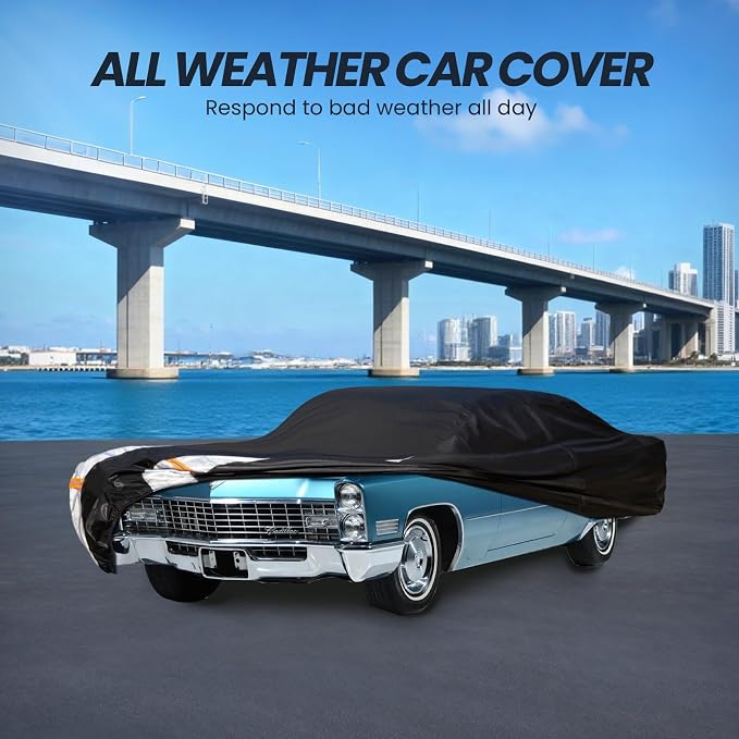 Multi-Layer Sedan Car Cover Custom Fit for Cadillac DeVille(1960-1980), 100% Waterproof All Weather for Automobiles, Gift with Towel, Heavy Duty Car Covers for Rain Sun UV Protection with Door Zipper.