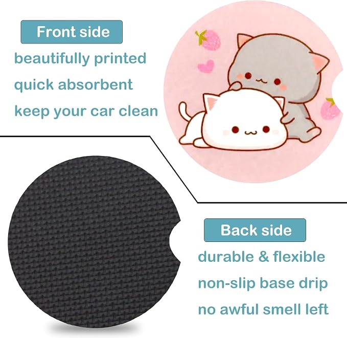 2 Pack Two Cat Car Cup Holder Coasters Universal Neoprene Coasters | 2.75" Universal Size Anti Slip Rubber Mat, Auto Cup Holder Accessories for SUV Truck, Gifts for Cat Lovers Women,Men,Mom
