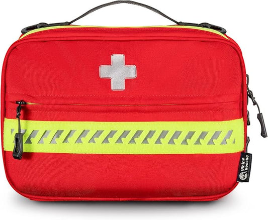 RHINO RESCUE Organized First Aid Kit, Labeled Medical Kit Fully Stocked | Labeled Storage Space with Zip Stitch Wound Closure, Ideal for Car, Travel, Hiking, Home, Businesses, HSA/FSA Approved(Large)