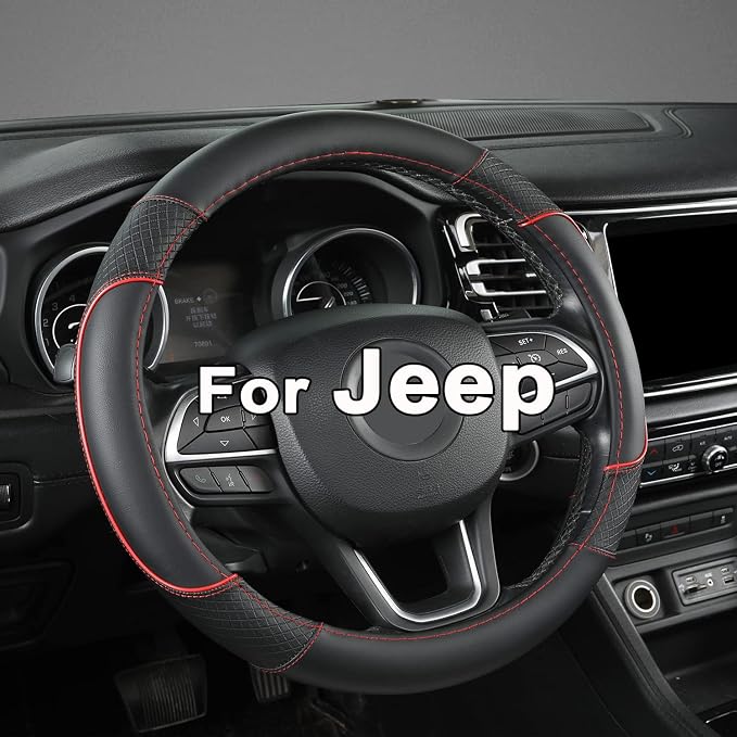 GIANT PANDA Steering Wheel Cover for Jeep Wrangler, Car Steering Wheel Cover for Jeep Grand Cherokee and Cherokee - Black+Red Trim