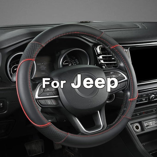 GIANT PANDA Steering Wheel Cover for Jeep Wrangler, Car Steering Wheel Cover for Jeep Grand Cherokee and Cherokee - Black+Red Trim