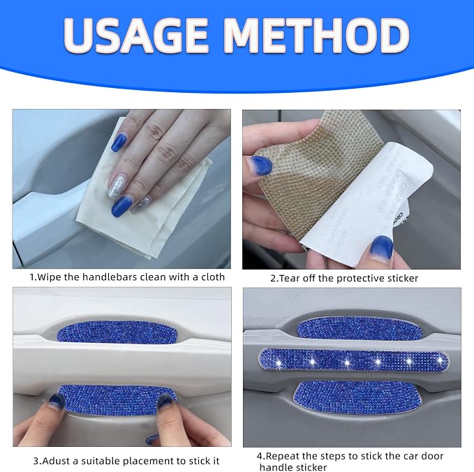NBTEPEM 10 Pcs Bling Rhinestone Car Door Handle Stickers, Universal Crystal Diamond Glitter Door Handle Protector Decals, Scratch‑Resistant Bling Car Accessories for Women (Blue)