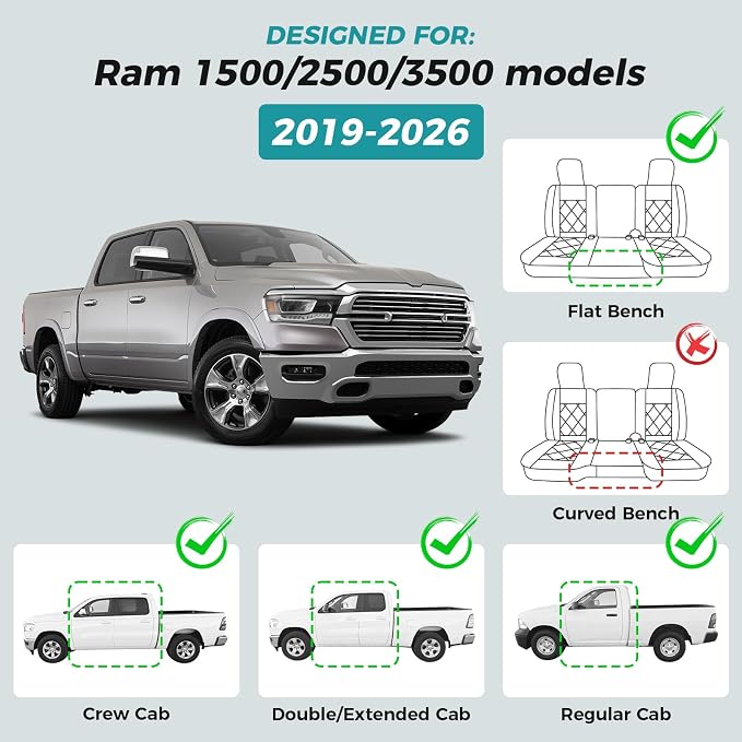 Seat Covers for 2019-2026 Dodge Ram 1500/2500/3500, Flat Bench | lumbar padded, premium waterproof leather, full coverage, anti-slip, storage pockets, long-term durability, airbag compatible