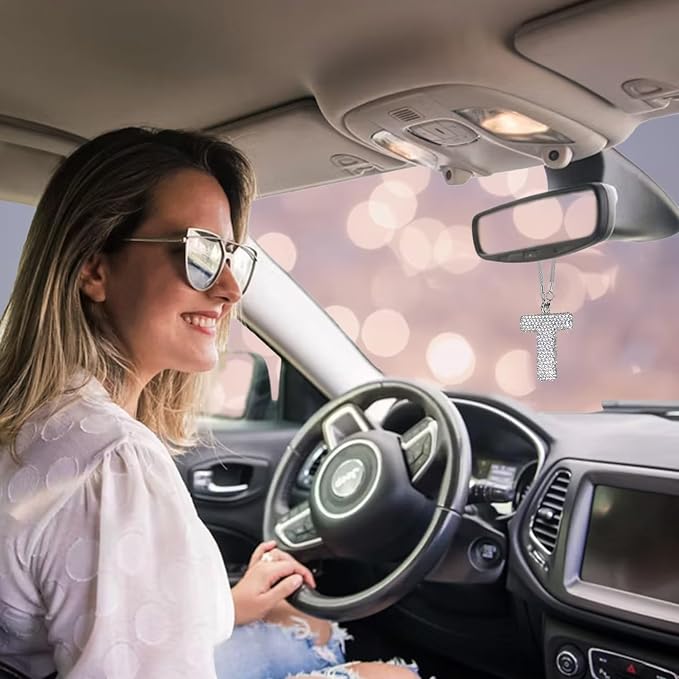 Bling Car Accessories for Women Letter Charm, Rear View Mirror Ornament Cute Hanging Crystal Pendant Girl Car Decorations, Lucky Diamond Rhinestone Girly Charm Interior (White T)
