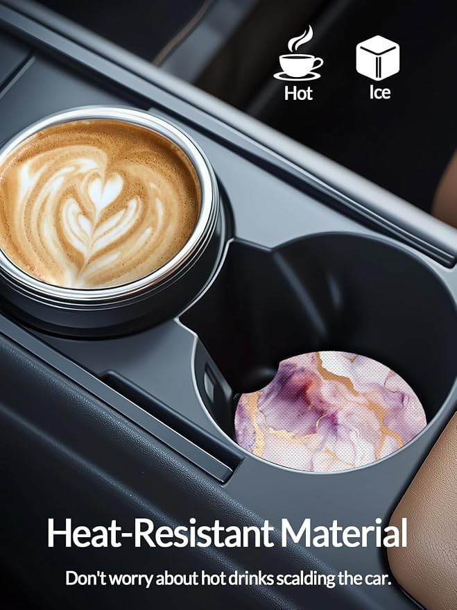 WOCOCN Cute Cup Holder Coasters for Your Car with Fingertip Grip, Auto Accessories for Women & Men,Pack of 2(Pink Marble)