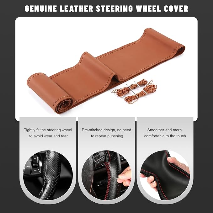 Genuine Leather Steering Wheel Cover, 15 Inch Stitch on Steering Wheel Protector with Needle & Thread, Anti-Slip DIY Sewing Wheels Wrap for Most Vehicles (Brown, Glossy)