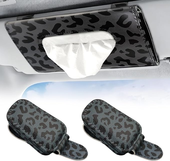 2 Pcs Sunglass Holder and 1Pcs Car Tissue Holder for Car, Magnetic Leather Sunglasses Holder Car Sun Visor Glasses Hanger Clip,Car Interior Accessories for Women(Black Leopard Print)