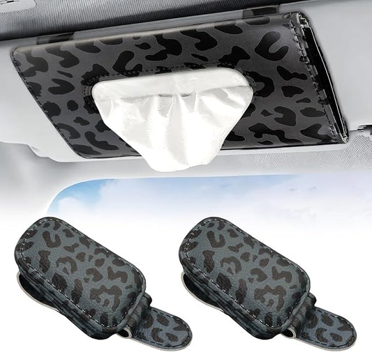 2 Pcs Sunglass Holder and 1Pcs Car Tissue Holder for Car, Magnetic Leather Sunglasses Holder Car Sun Visor Glasses Hanger Clip,Car Interior Accessories for Women(Black Leopard Print)
