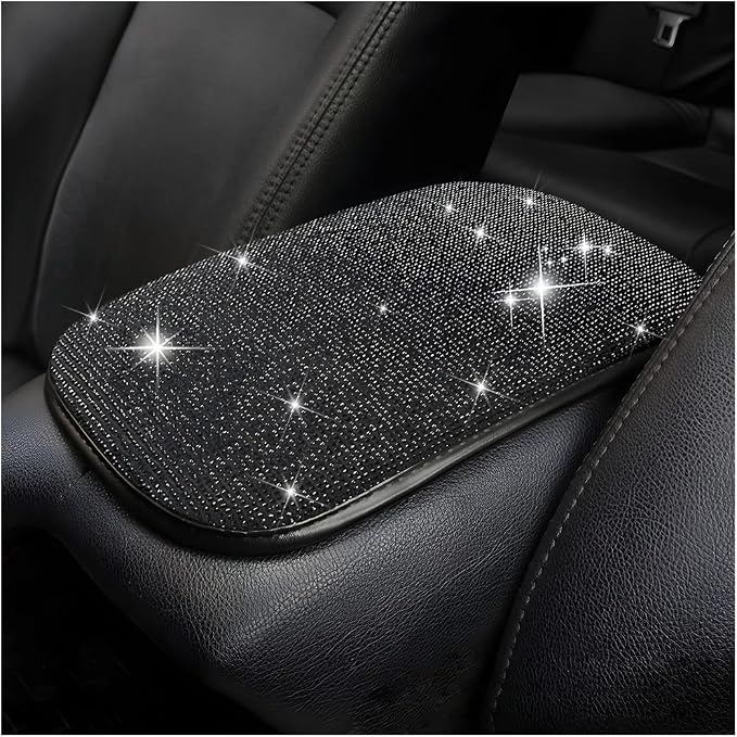 Moly Magnolia Bling Center Console Cover, Diamond Fashion ArmRest Pad, Crystal Soft Arm Rest Protective Cushion, Car Accessories for Women Girls, 11.8"×8.5" for Most of Vehicles, SUVs, Trucks (Black)