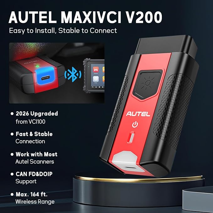 Autel MaxiVCI V200 Vehicle Communication Interface OBD2 Connector Bluetooth Adapter Work with MS906PRO MK906PRO TS ITS600 KM100 BT608 BT609 Wireless VCI200 Diagnostic DoIP CAN FD