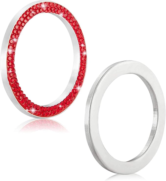 WINKA 2pcs Bling Car Engine Start Button Cover Diamond Crystal Push Start Stop Button Ring Sparkly Bling Ignition Button Cover Rhinestone Keyless Ignition Ring Universal Car Accessories (Red)