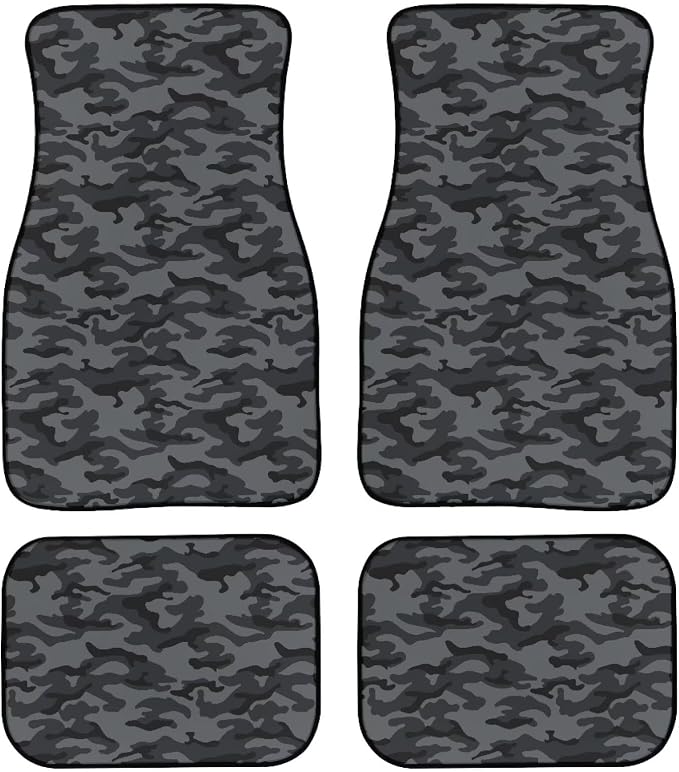 Black Gray Camo Print Car Floor Mats Set of 4 Military Camouflage Universal Vehicle Floor Carpet Decorative Auto Front Rear Foot Rugs for Trucks SUV Sedan