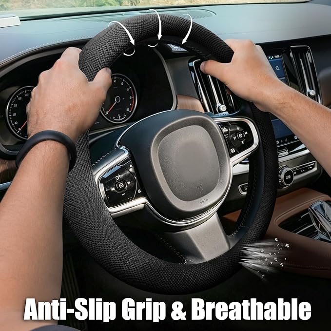 15 Inch Black Steering Wheel Cover for Cooling, Microfiber Ice Silk Non-Slip Breathable Cooling Steering Wheel Protector with Upgraded Silicone Inner Ring Warm in Winter Cool in Summer