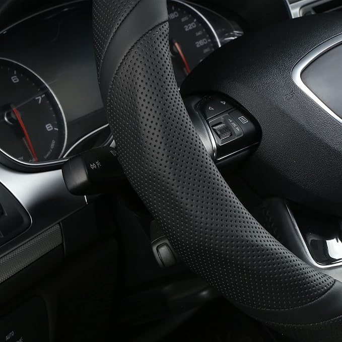 ALEMODR Black Leather Steering Wheel Cover Universal 15 inch