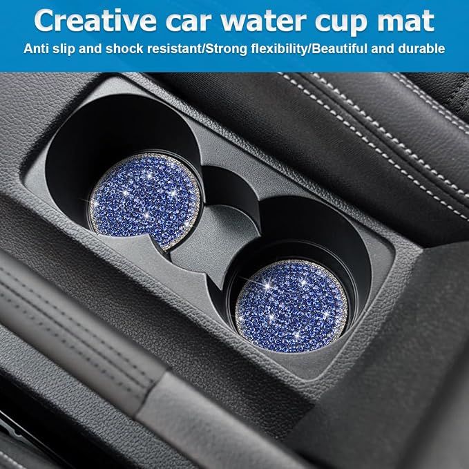 Bling Car Cup Holder Coaster, 2PCS 2.75 Inch Crystal Rhinestone Anti Slip Vehicle Drink Cup Mat for Women Girls, Auto Interior Embedded in Ornaments. Universal for SUV RV Truck (Blue)
