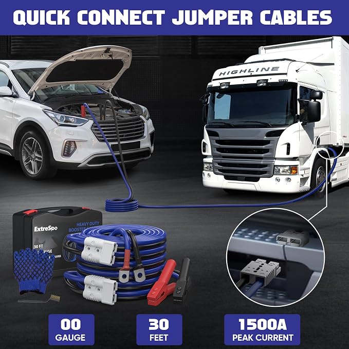 EXTRESPO 2/0 Gauge 30 FT Heavy Duty Jumper Cables, 1500Amp Quick Connect Booster Cables for 12V & 24V Cars, SUVs and Trucks, Kit with Carry Case, Gloves, Brushes
