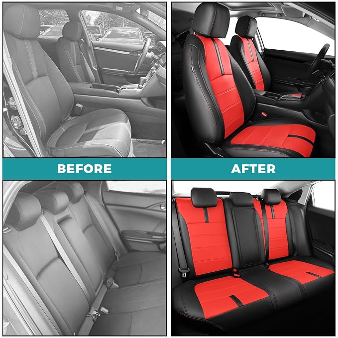 Seat Covers for Honda Civic Hatchback LX, EX, EXL, Sport, Touring, 2016-2021, Faux Leather Car Seats Cover Full Set Seatback Waterproof, Black Red (60/40 Split Seatback)