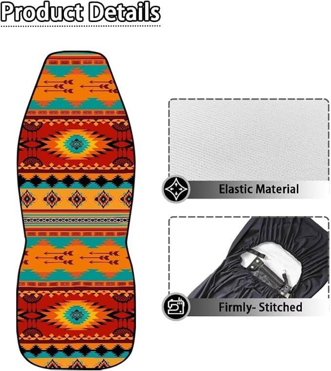 Universal Car Seat Cover Front Seats Only,Navajo Orange Automotive Car Interior Covers Aztec Decorative Seat Cover for Full Back and Seat for Cars Sedans Truck SUV Vans