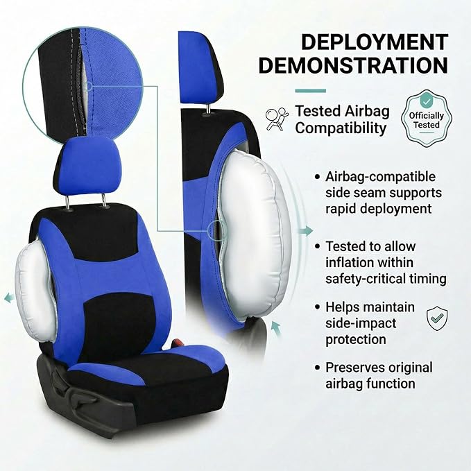 FH Group Universal Automotive Seat Covers 8 Seater Set | Light & Breezy Flat Cloth Washable Car Seat Cover for SUV, Sedan, Truck | Airbag Compatible Interior Upgrade - Blue/Black
