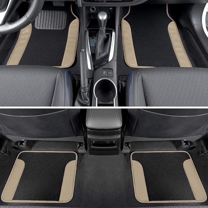 BDK Two-Tone Carpet Car Floor Mats with Faux Leather Accents, Automotive Floor Mat Set with Built-in Heel Pad, Stylish Interior Car Accessories (Beige)