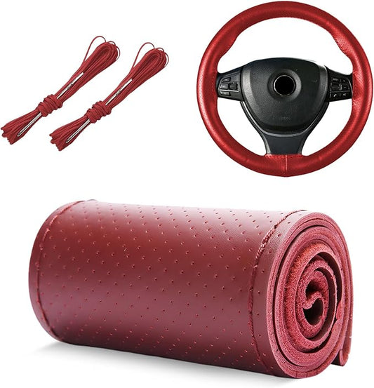 Genuine Leather Steering Wheel Cover, 15 Inch Stitch on Wheel Wrap with Needles & Threads, Breathable Steering Wheel Protector DIY Sewing Wrap for Car Truck SUV (Wine Red, Full Hole)