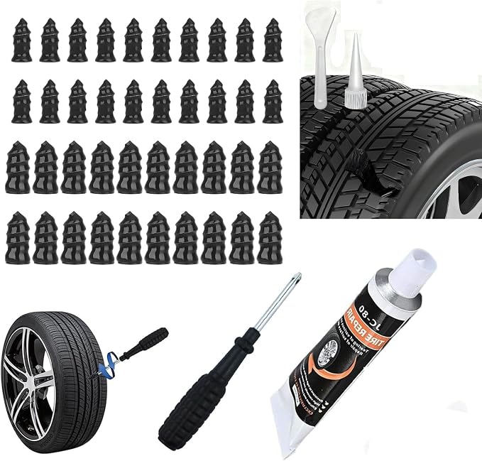 Tire Repair Kit with Tire Plugs Screw Type, Tire Glue,Tire Plug Kit,Heavy-Duty Burst-Proof tire Puncture Repair Set, Quick Patch, Suitable for Car, Truck, Motorcycle, SUV, ATV, Tractor