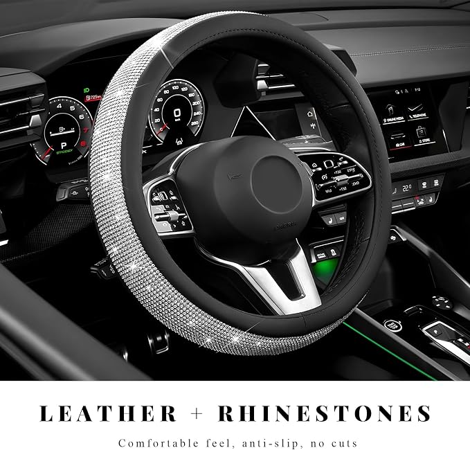 Diamond Leather Steering Wheel Cover, 15 Inch Bling Crystal Rhinestone Anti-Slip Wheel Protector, Universal Sparkling Elegant Diamond Steering Wheels Cover for Women Girl (White)