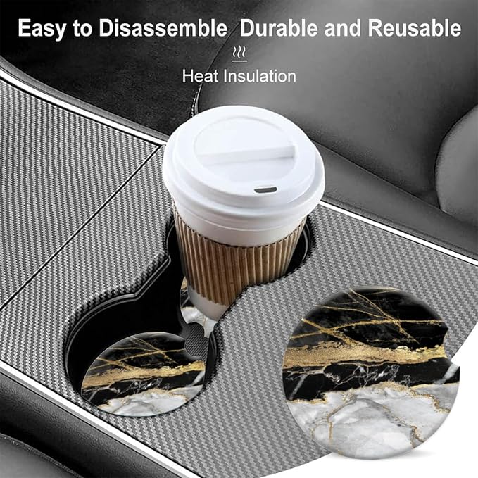 Cup Holder for Car,Black Gold Marble Print Ceramic Coasters Non-Slip Cup Holder Insert with Fingertip Grip, Auto Interior Accessories for Women & Men,Pack of 2, 2.56In