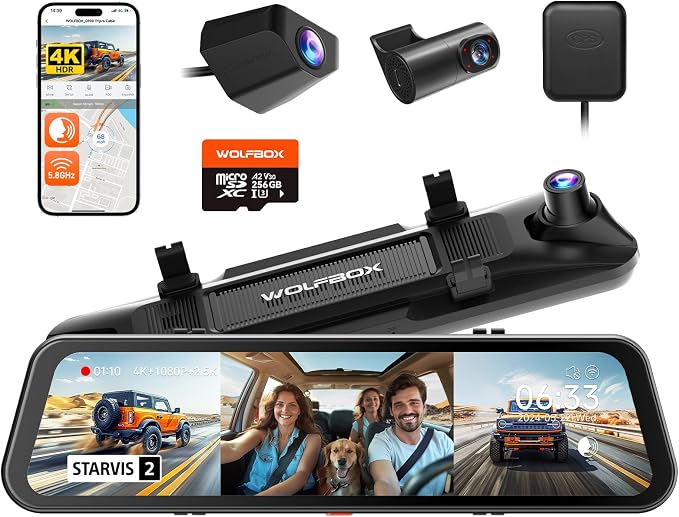 WOLFBOX G900 Tripro 3 Channel 4K Rear View Mirror Camera,8MP STARVIS IMX678 | 256GB Card,12'' 4K+1080P+2.5K Front Inside and Rear,Cabin Version,Night Vision,5.8GHz WiFi,Voice Control,GPS,Car Truck SUV