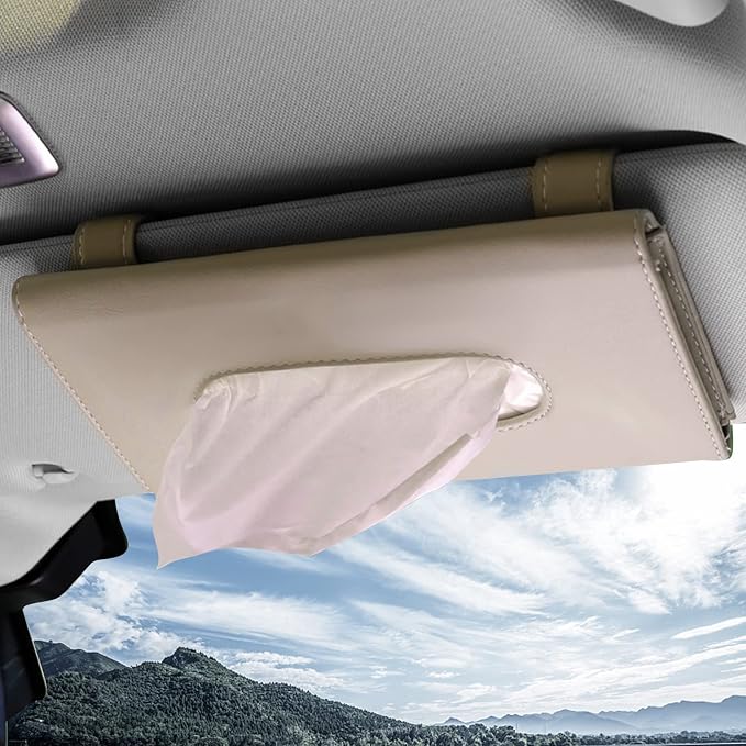 Khaki Car Tissue Refill Holder for Sun Visor, Hanging Tissue Clip, PU Leather
