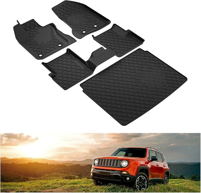 Kiwi Master Floor Mats & Cargo Mat for 2015-2023 Jeep Renegade | OEM Replacement 82214194 82214195, Custom Fit All Weather Car Mats, Heavy Duty TPE Floor Liners, Front Rear Trunk Set, Black