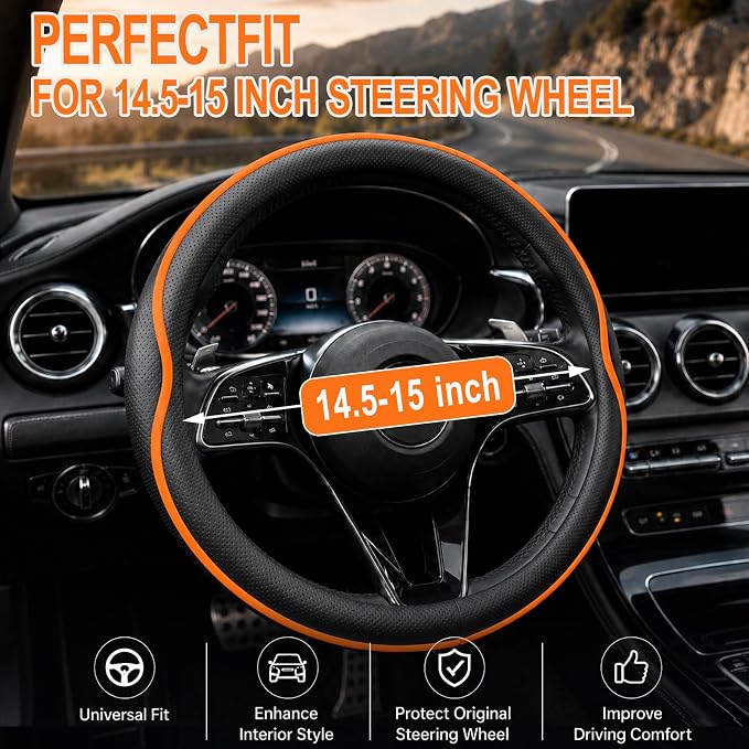 Car Steering Wheel Cover Full Surround - Soft Breathable Anti-Slip Heavyweight Safety Cover, Thick Cushioned Sports Style Universal Fit for Auto Truck SUV (Black/Orange)
