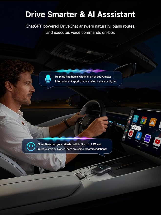 Magic CarPlay Box, Wireless CarPlay Adapter Supports for Netflix/YouTube/TF Card, AI Box Carplay, Plug & Play, Drivechat with AI Skills, Dual WiFi, Bluetooth, Fits for OEM Wired CarPlay Cars