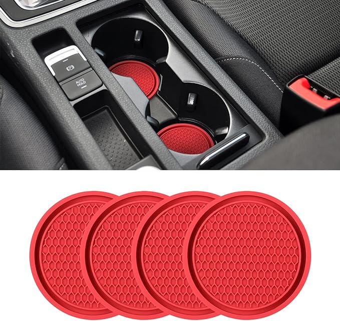XINLIYA Car Cup Holder Coaster, 4 Pack 2.77 Inch Diameter Non-Slip Universal Insert Coaster, Durable, Suitable for Most Car Interior, Accessory for Women and Men (Red)