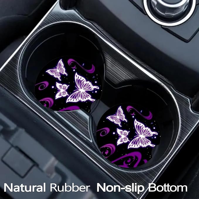 2 Pack Butterfly Car Cup Holder Coasters Universal Neoprene Coasters | 2.75" Universal Size Anti Slip Rubber Mat, Auto Cup Holder Accessories for SUV Truck, Butterfly Gifts for Women Mom