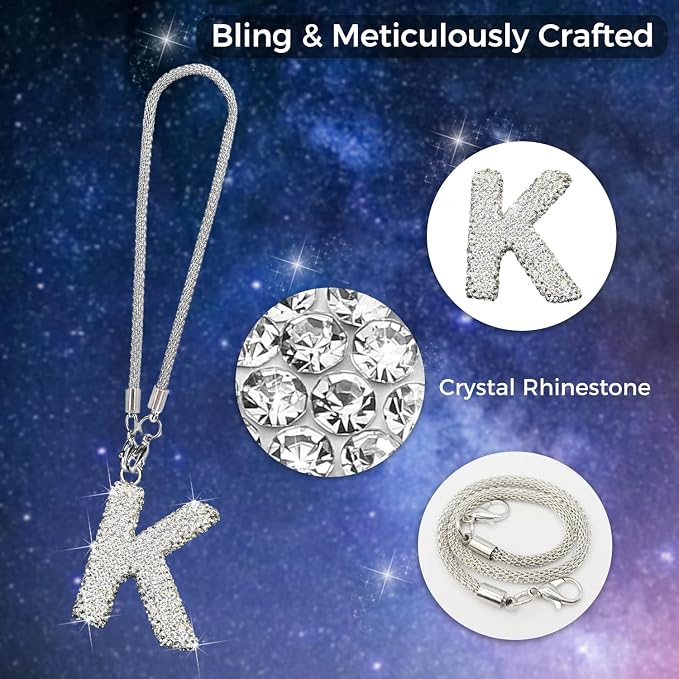 Bling Car Accessories for Women, Letter Charm Rear View Mirror Ornament Cute Hanging Crystal Pendant Girly Car Decorations, Lucky Diamond Rhinestone Car Charm Interior (White K)